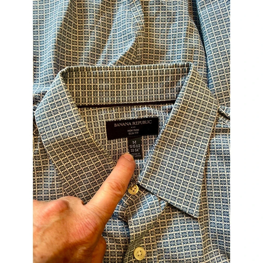 Banana Republic Non Iron Slim Fit Dress Shirt Mens M 15 15.5 Blue White Pattern
